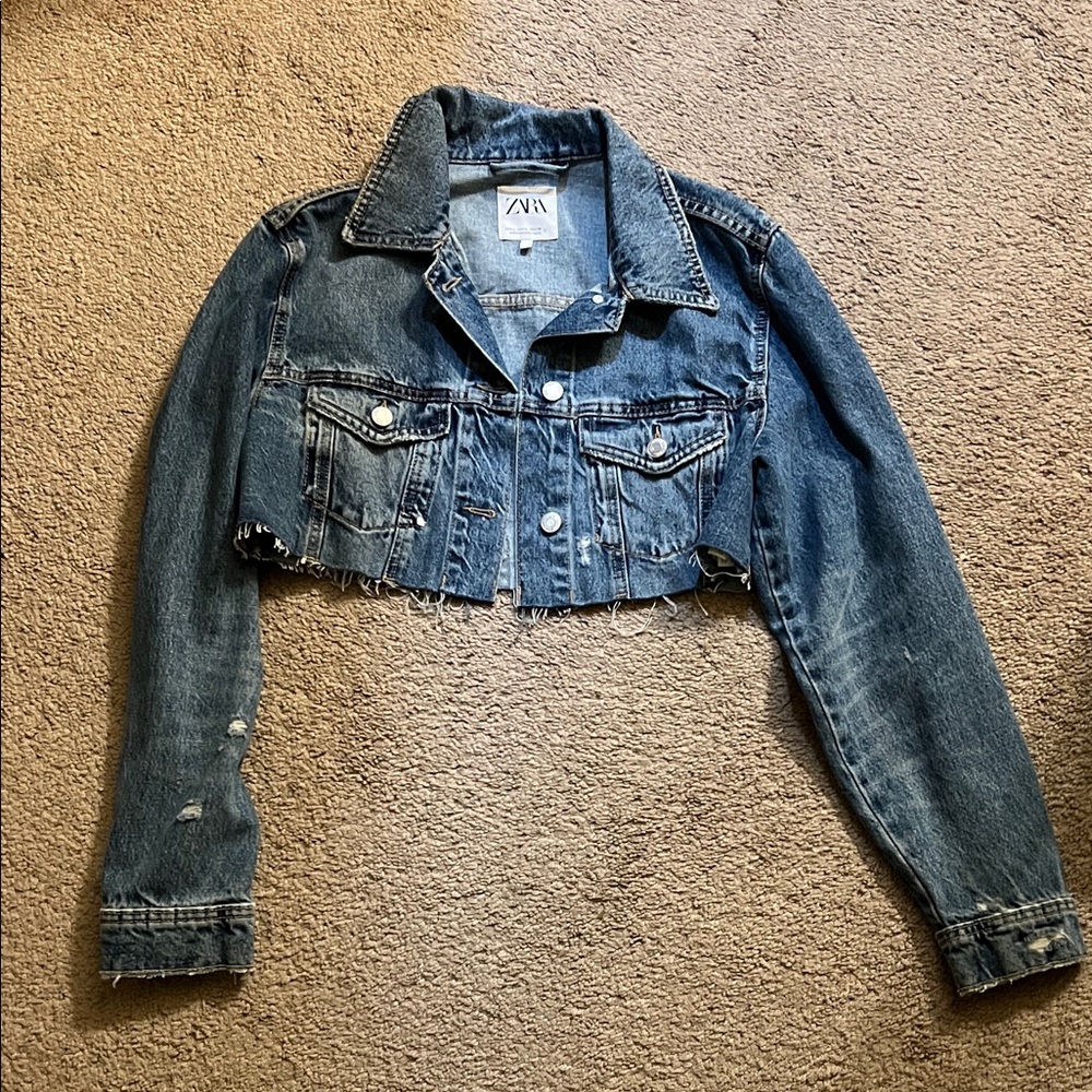 Zara Distressed Cropped Blue Denim Jacket